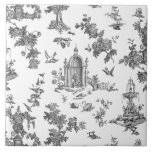 Carreau Fontaines et arbres fantastiques vintages Toile-B<br><div class="desc">Adaptation harmonieuse historique d'un motif textile John Munn anglais gravé toile de jouy vers 1770 avec un monument classique à Shakespeare,  fontaines,  oiseaux et fleurs exotiques. Noir sur arrière - plan blanc.</div>