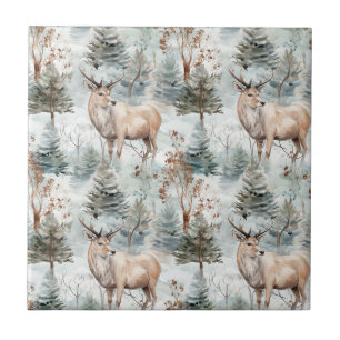 Carreau Forêt de cerfs aquarelle d'hiver (6)