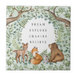 Carreau Forêt de Whimsical Animaux Enfants Nursery<br><div class="desc">Ce design adorable appartient à notre collection FOREST FABLE. Il présente notre illustration originale de l'aquarelle représentant des animaux de la forêt capricieuse et d'élégants feuilles de la verdure de l'aquarelle.</div>