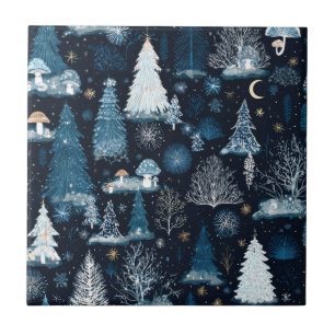 Carreau Forêt enneigée bleue de minuit Hiver fantaisiste