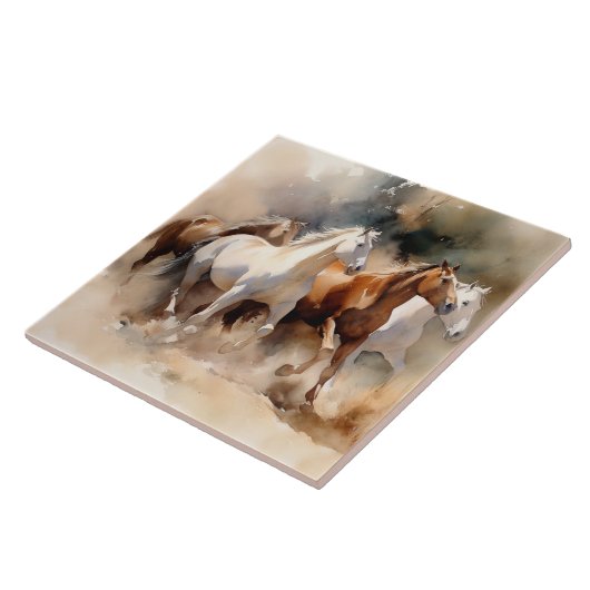 Carreau "Four Galloping Mustangs" Aquarelle Occidentale Du (Côté)