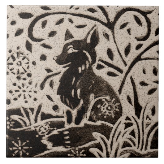 Carreau Fox Batik Stoneware Bois Animal Tan Grey Brown (Devant)