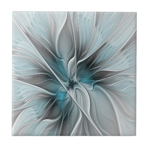 Carreau Fractal Floral Moderne Abstrait Fleur Bleu Gris