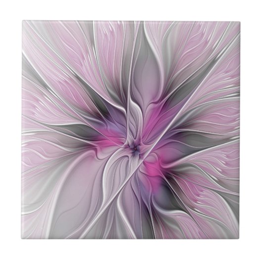 Carreau Fractal Floral Moderne Abstrait Fleur Rose Gris (Devant)