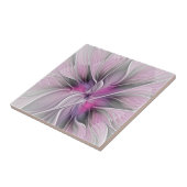 Carreau Fractal Floral Moderne Abstrait Fleur Rose Gris (Côté)