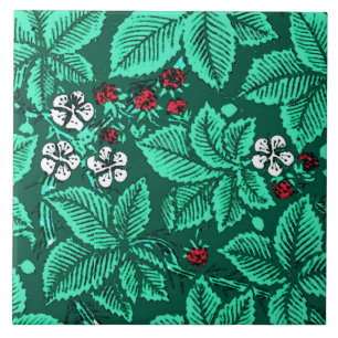 Carreau Fraises de Nouveau d'art et feuille, turquoise