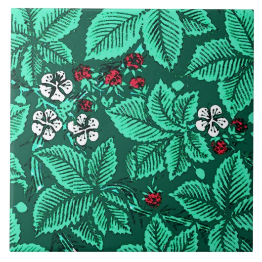 Carreau Fraises de Nouveau d'art et feuille, turquoise (Devant)