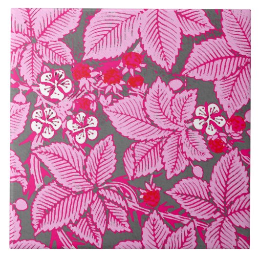 Carreau Fraises et Feuilles Art Nouveau, rose et gris (Devant)