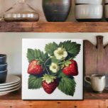 Carreau Fraises vintages<br><div class="desc">Fraises à l'allure délicieuse avec feuilles verts et fleurs blanches. Des graphismes vintages attirants rayonnent toute la joie et le plaisir des étés Vous pouvez changer la couleur arrière - plan . ( Personnaliser/Édition/ arrière - plan ) Design par Canva AI et Alma Wad,  la créatrice humaine.</div>