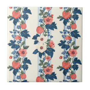 Carreau Fraises vintages et Feuilles bleus motif floral