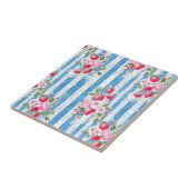 Carreau Fraises vintages et fleurs sur bandes bleues (Côté)
