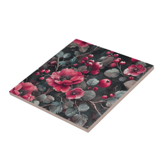 Carreau Framboise, fleurs bordeaux sur gris foncé (Côté)