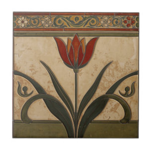 Carreau Frieze de tulipe rouge de style Mission vintage