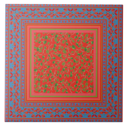 Carreau Frontière de pavot, bourgeons de pavot, rouge et (Devant)