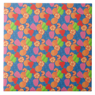 Carreau Fruits d'été colorés Motif sur le bleu profond