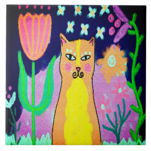 Carreau Funky Abstrait Digital Cat Art