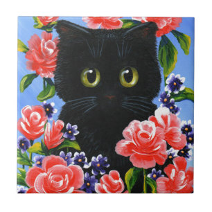 Carreau Funny Chat Noir Roses Rouges Fleurs