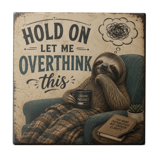 Carreau Funny Sloth Hold On Let Me Overthink This | Rustic (Devant)