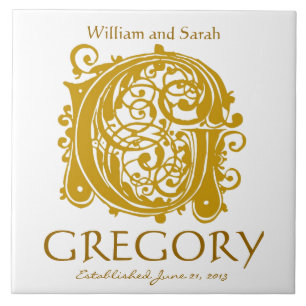 Carreau G Monogramme or sur blanc - Noms Mariage Date Tile