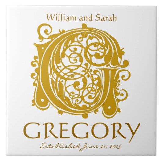 Carreau G Monogramme or sur blanc - Noms Mariage Date Tile (Devant)