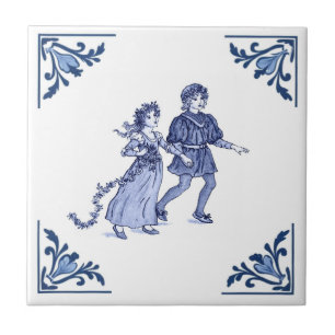 Carreau Garçon et Fille Vintage Delft Coin Bleu et Blanc