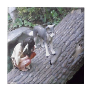 Carreau Garçon indien indigène avec le loup