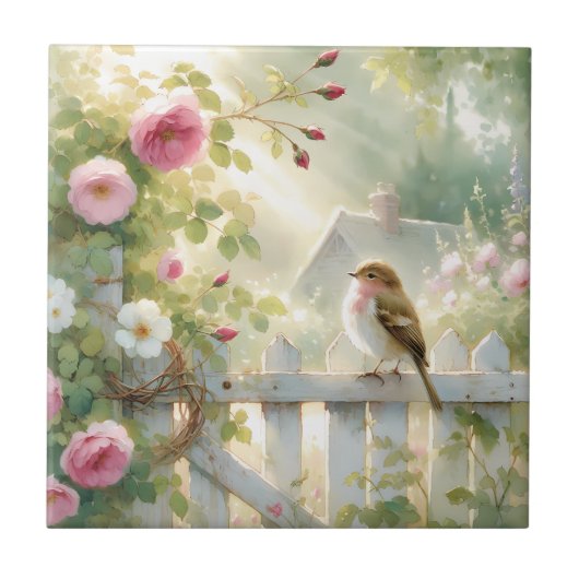 Carreau Garden Rose Bird Watercolor Scene (Devant)