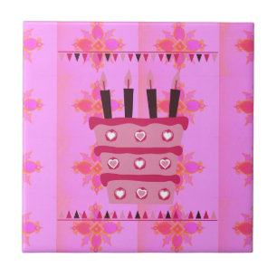 Carreau Gâteau d'anniversaire floral pour elle / Filles Ar