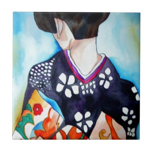 Carreau Geisha avec kimono bleu foncé peinture d'art origi (Devant)