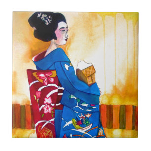 Carreau Geisha japonais avec le kimono bleu