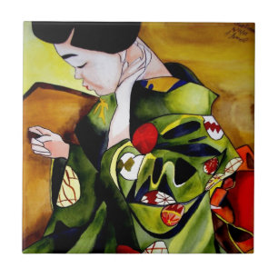 Carreau Geisha mignon avec l'art vert d'original de kimono