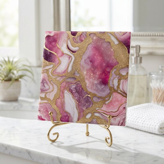 Carreau Géode d'agate rose et or en résine abstraite