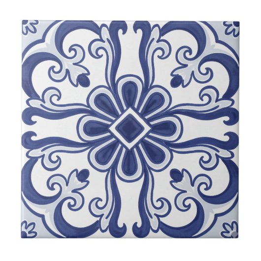 Carreau Geometric Blue and White Lisbon Tile Art Coaster (Devant)