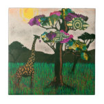 Carreau Girafe sur les Avions d'Afrique<br><div class="desc">Avions d'Afrique II par Alonzo Saunders. La beauté de la faune est capturée dans cet art avec le soleil se couchant lentement tandis qu'une girafe mange des feuilles d'un arbre coloré sur les avions africains. | 132935GG</div>