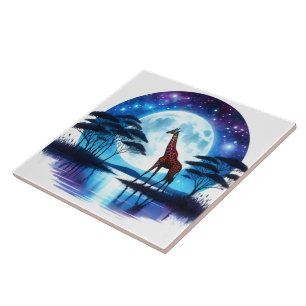 Carreau Giraffe au bord du lac Serene Sous une Pleine lune