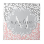 Carreau Girly Damask tourne rose et gris Monogramme (Devant)