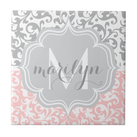 Carreau Girly Damask tourne rose et gris Monogramme (Devant)