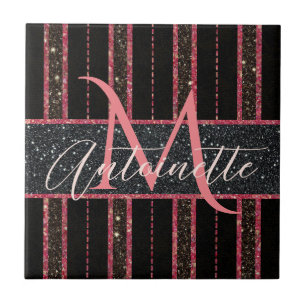 Carreau Glam Parties scintillant Nom monogramme Noir et ro