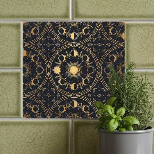 Carreau Gold Celestial Sun Moon Phases Geometric Pattern