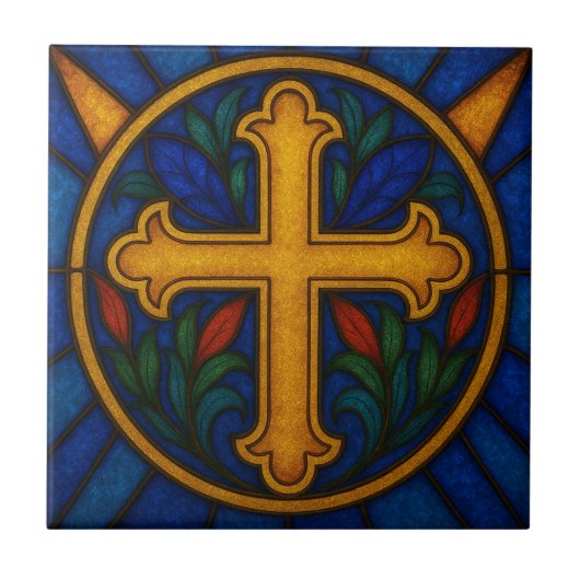 Carreau Gold Christian Cross Stained Glass Ceramic Tile (Devant)