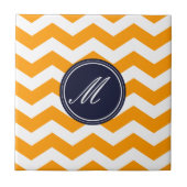 Carreau Gold et Navy Blue Chevron avec tuile Monogram (Devant)