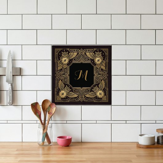 Carreau Gold Owl Compass Monogram Art Deco Ceramic Tile