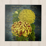 Carreau Gold Red Chrysanthèmes sur Turquoise Damask en écr<br><div class="desc">Le collage vintage sur ce carrelage décoratif en céramique présente deux beaux chrysanthèmes - l'un jaune ensoleillé et l'autre jaune et rouge - contre un arrière - plan damassé turquoise en détresse. L'arrière - plan est un collage rétro d'écriture manuscrite, de dentelle et de rose noir pour une atmosphère antique....</div>