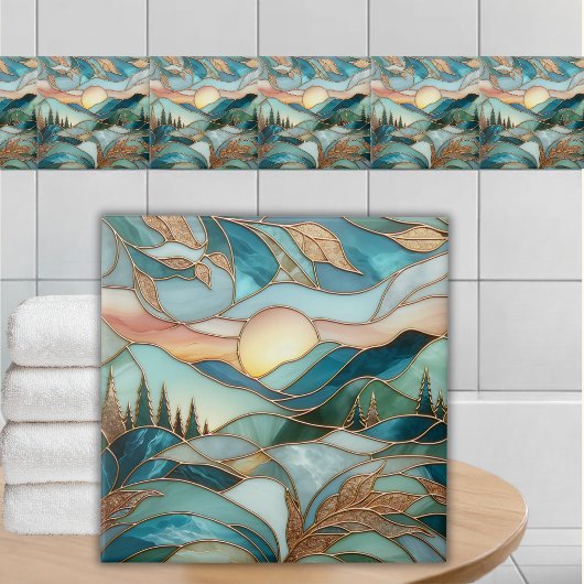 Carreau Golden Mountain Peaks Forest Stained Glass Art