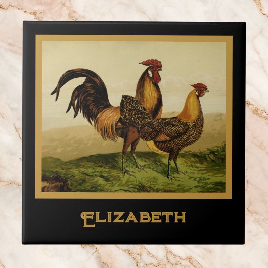Carreau Golden Penciled Hamburg Roosters Black Monogram