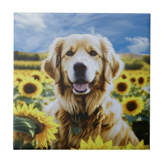 Carreau Golden Retriever dans un champ de tournesol (Devant)