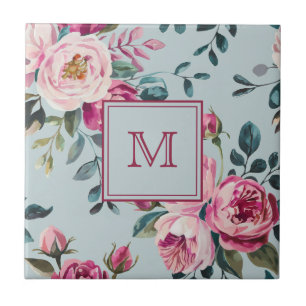 Carreau Grandmillennial Rose Poussiéreuse Florale Monogram