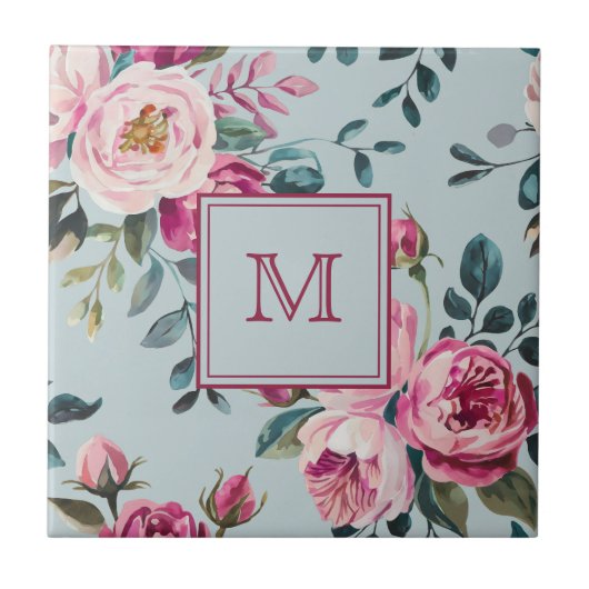 Carreau Grandmillennial Rose Poussiéreuse Florale Monogram (Devant)