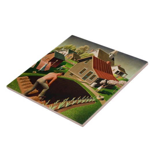 Carreau Grant Wood - Printemps en ville, peinture d'art (Côté)