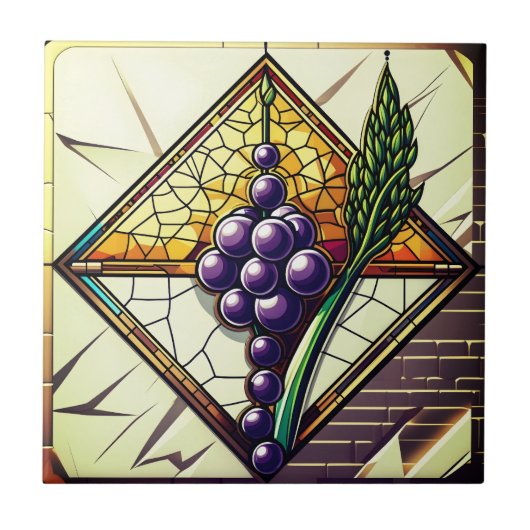Carreau Grapes and Wheat Stained Glass Ceramic Tile (Devant)